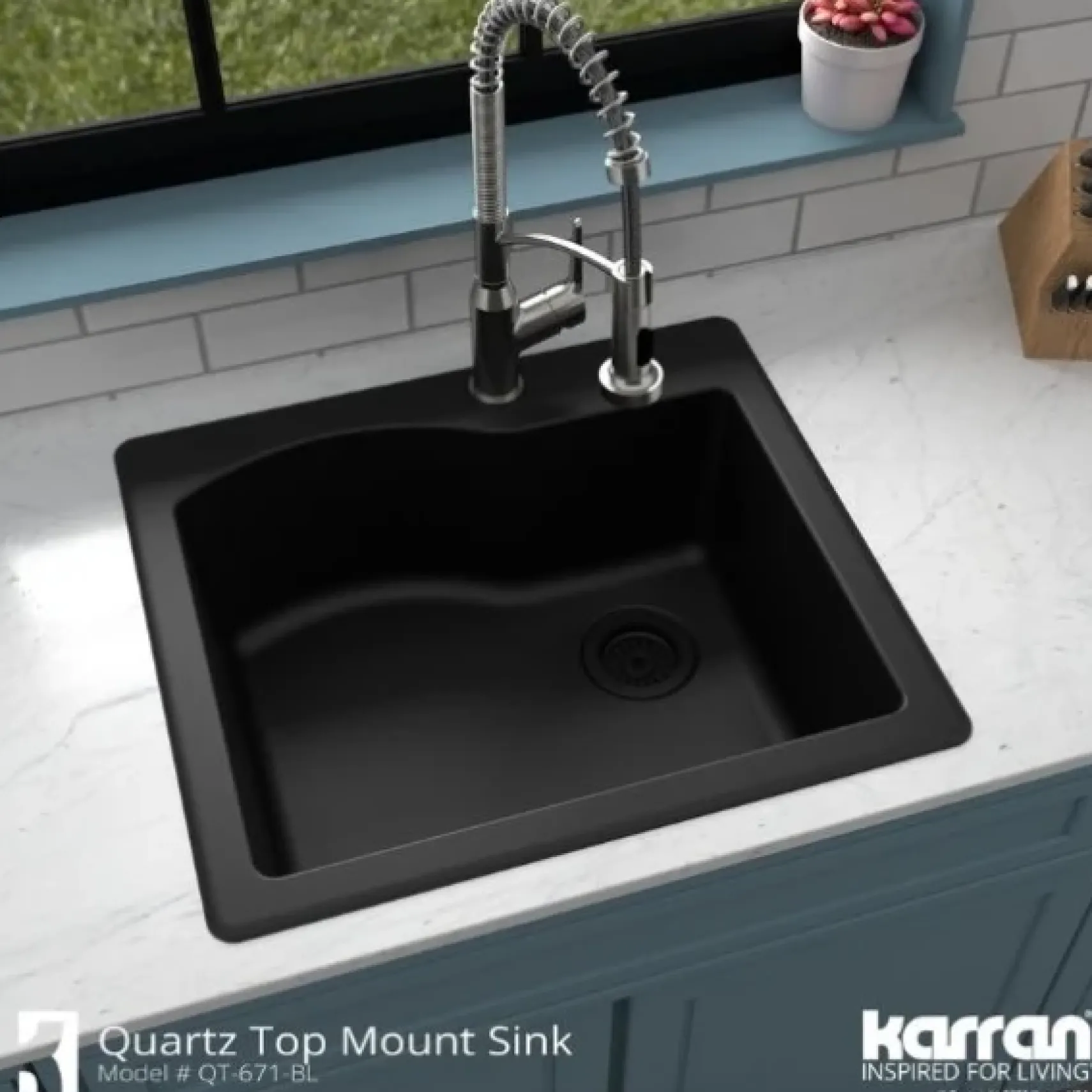 Karran 25" Drop In/Topmount Quartz Composite Kitchen Sink, Black, QT-671-BL-PK1