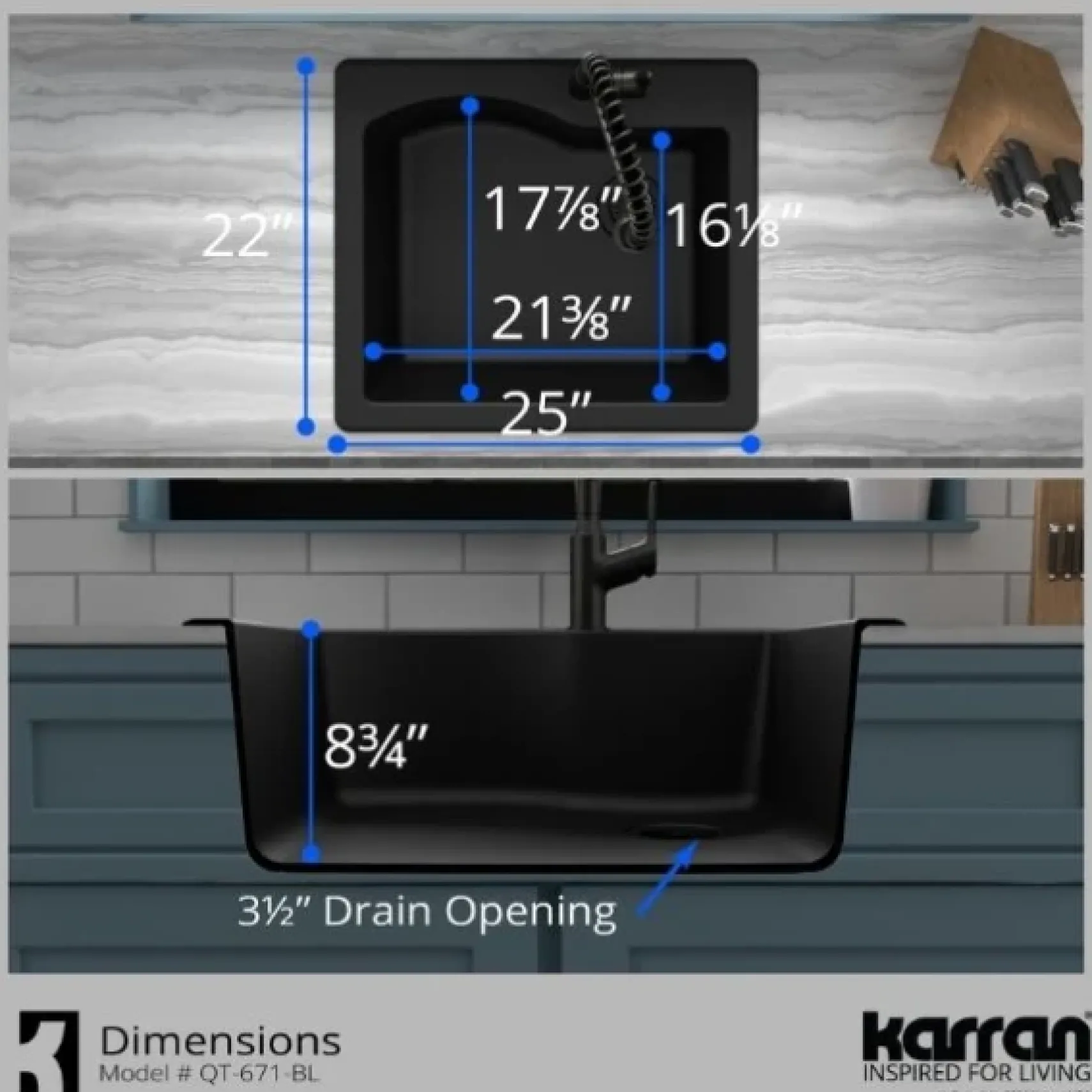 Karran 25" Drop In/Topmount Quartz Composite Kitchen Sink, Black, QT-671-BL-PK1