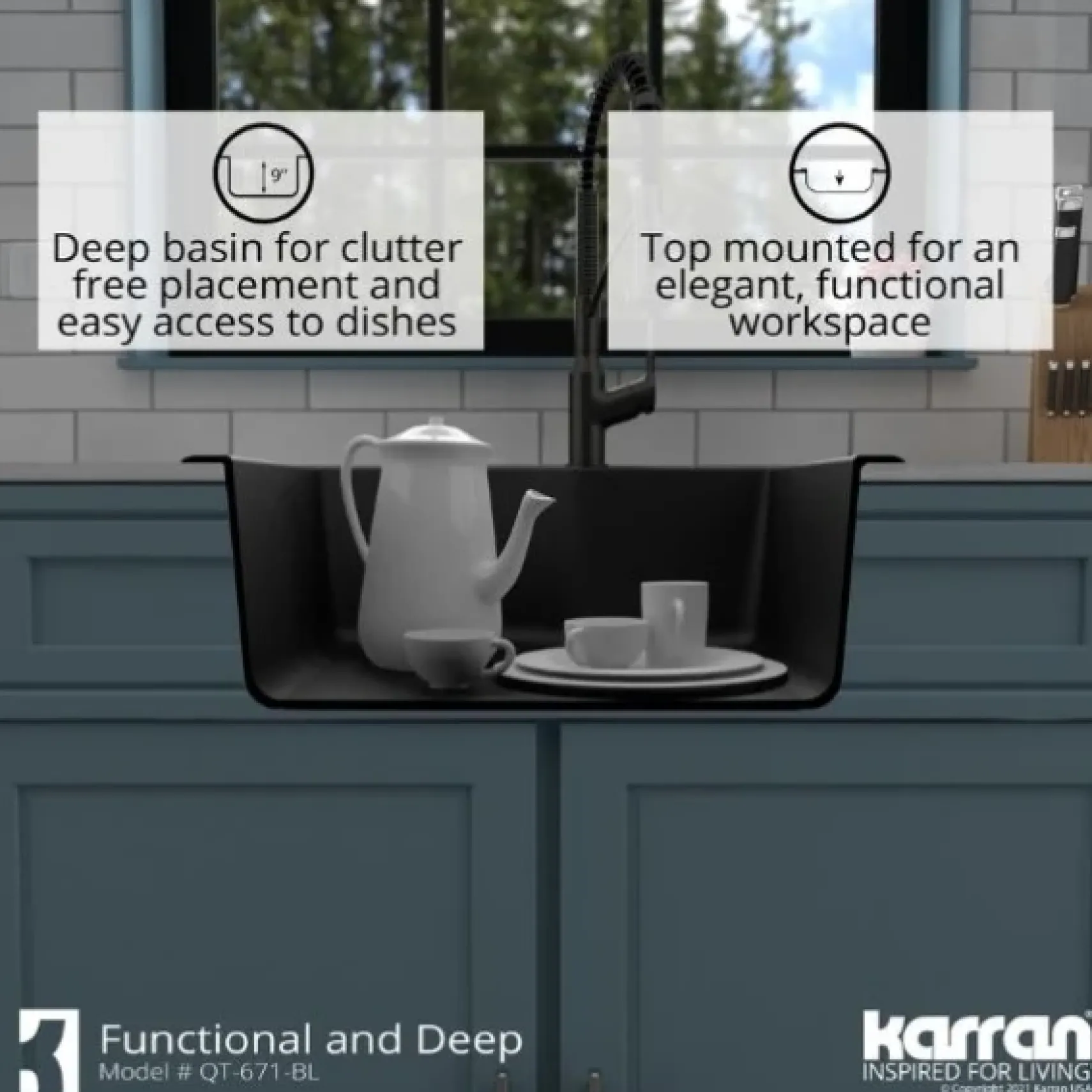 Karran 25" Drop In/Topmount Quartz Composite Kitchen Sink, Black, QT-671-BL-PK1