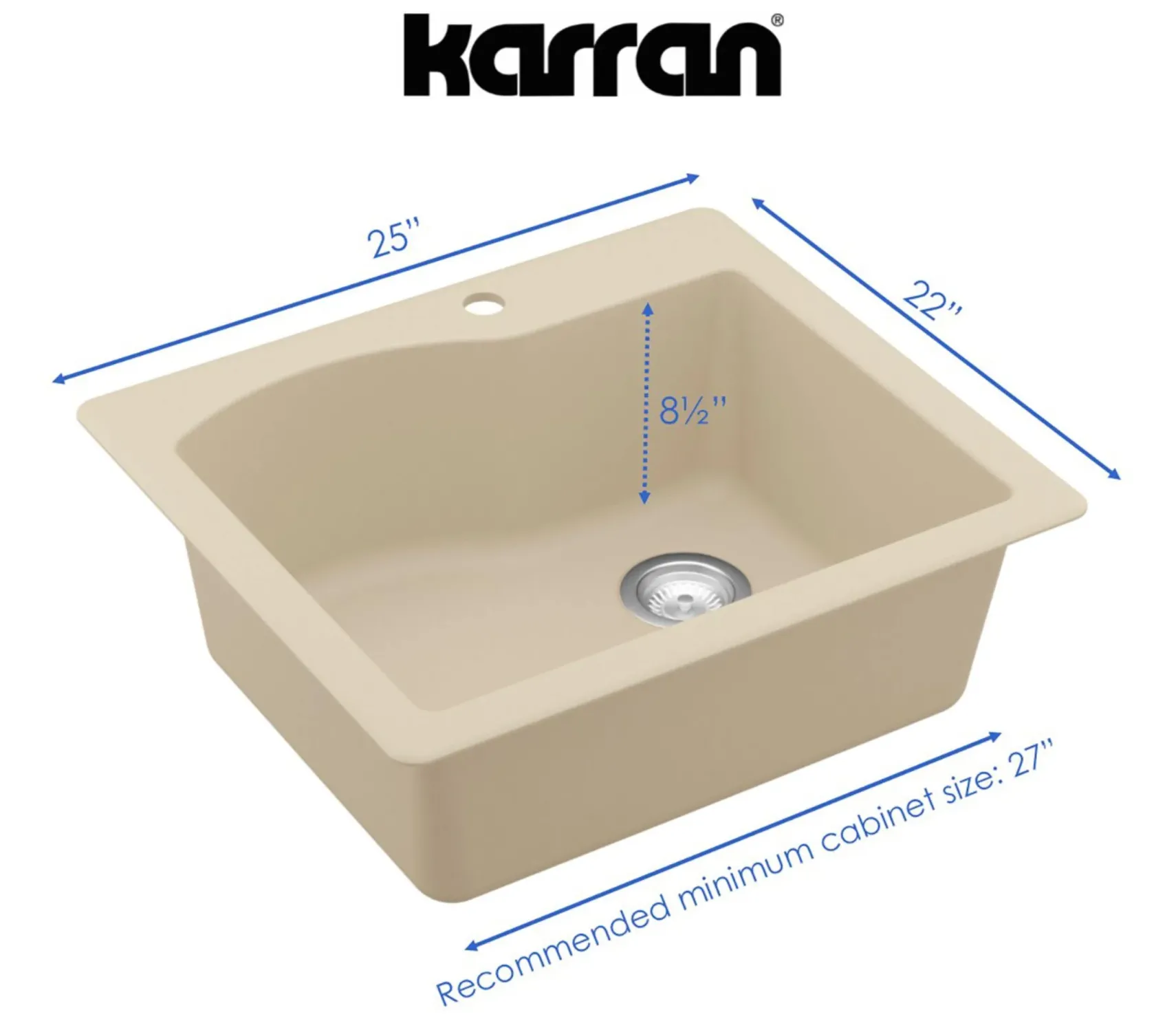 Karran 25" Drop In/Topmount Quartz Composite Kitchen Sink, Bisque, QT-671-BI-PK1