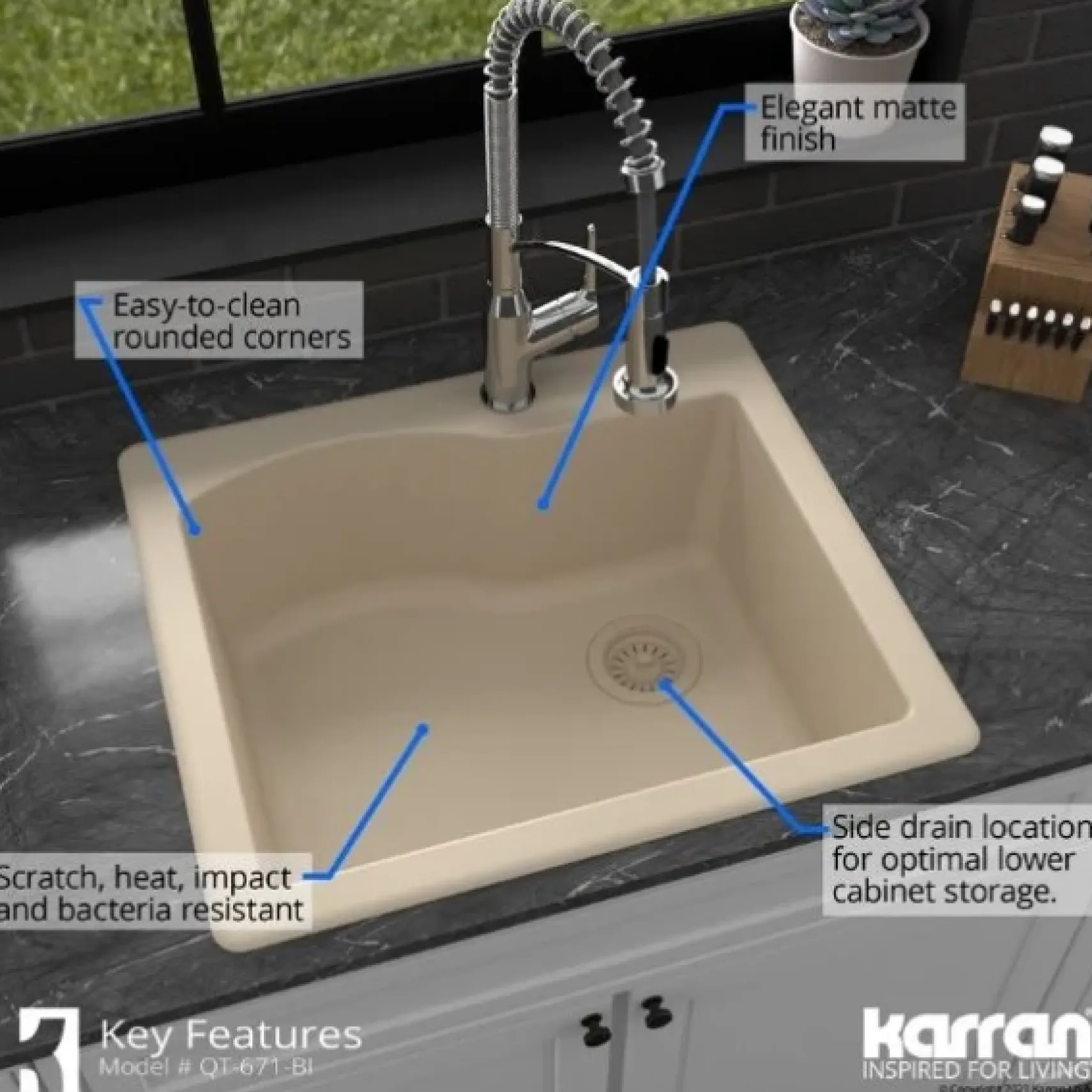 Karran 25" Drop In/Topmount Quartz Composite Kitchen Sink, Bisque, QT-671-BI-PK1