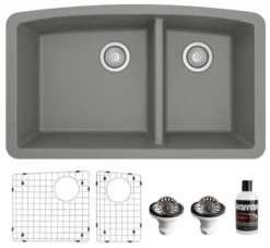 Karran 32" Undermount Quartz Composite Kitchen Sink, 60/40 Double Bowl, Grey, QU-711-GR-PK1