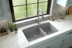 Karran 32" Undermount Quartz Composite Kitchen Sink, 60/40 Double Bowl, Grey, QU-711-GR-PK1