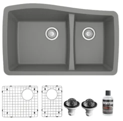 Karran 34" Undermount Quartz Composite Kitchen Sink with Accessories, 60/40 Double Bowl, Grey, QU-721-GR-PK1