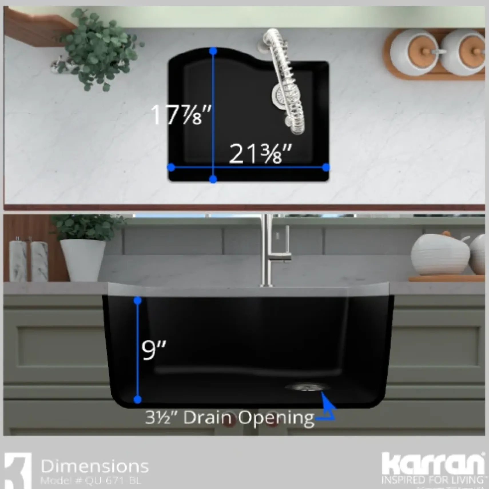 Karran 24" Undermount Quartz Composite Kitchen Sink, Black, QU-671-BL-PK1