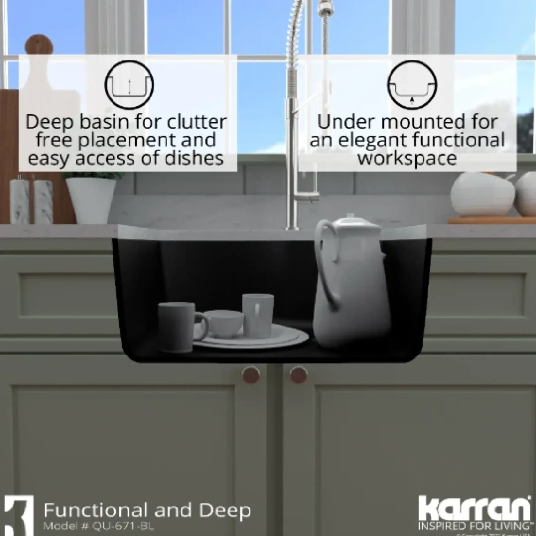 Karran 24" Undermount Quartz Composite Kitchen Sink, Black, QU-671-BL-PK1