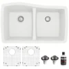 Karran 34" Undermount Quartz Composite Kitchen Sink with Accessories, 50/50 Double Bowl, White, QU-720-WH-PK1