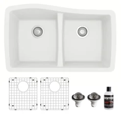 Karran 34" Undermount Quartz Composite Kitchen Sink with Accessories, 50/50 Double Bowl, White, QU-720-WH-PK1