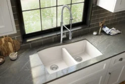 Karran 34" Undermount Quartz Composite Kitchen Sink with Accessories, 50/50 Double Bowl, White, QU-720-WH-PK1