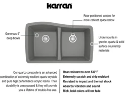 Karran 34" Undermount Quartz Composite Kitchen Sink, 50/50 Double Bowl, Grey, QU-720-GR