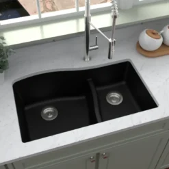 Karran 32" Undermount Quartz Composite Kitchen Sink, 60/40 Double Bowl, Black, QU-630-BL