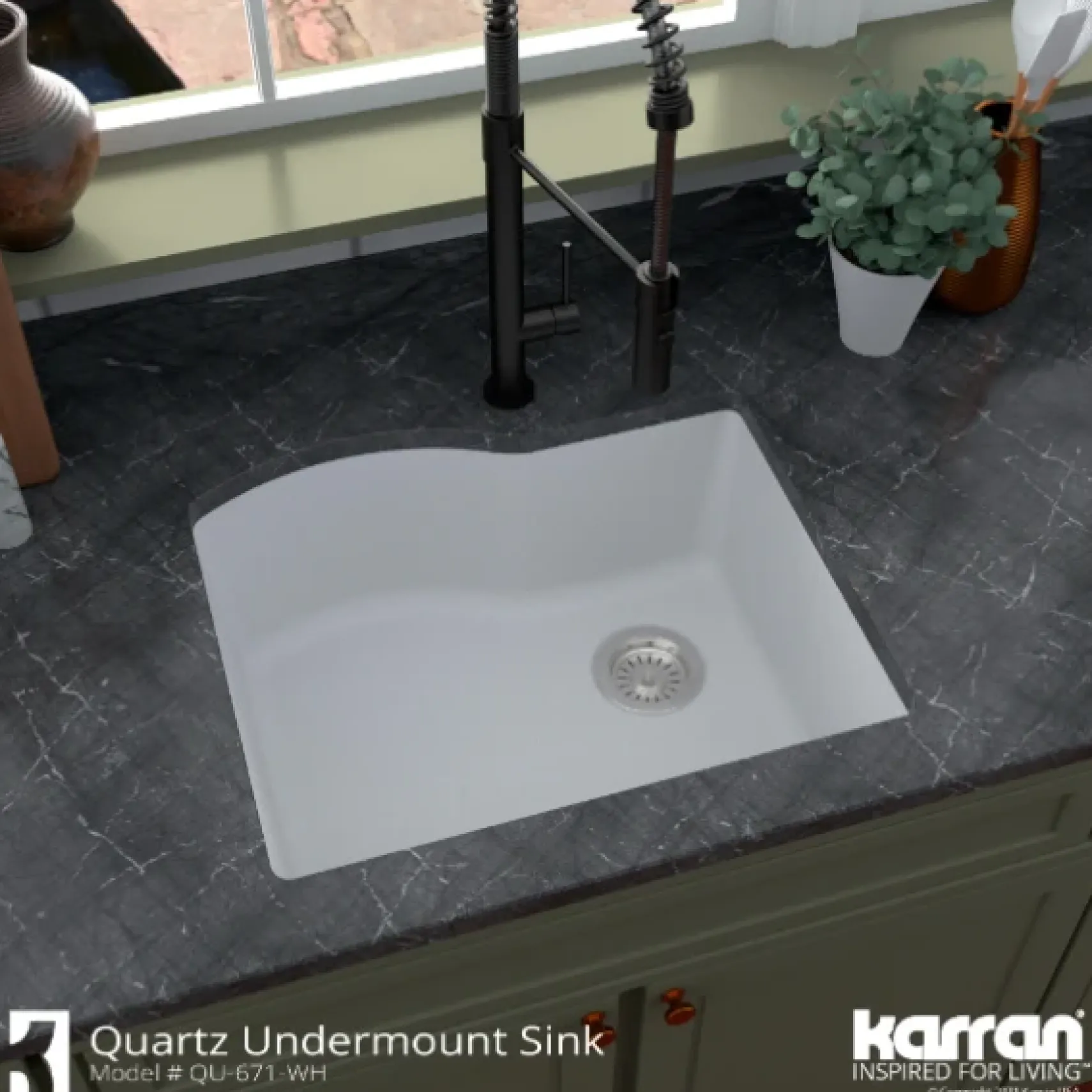 Karran 24" Undermount Quartz Composite Kitchen Sink, White, QU-671-WH