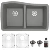 Karran 34" Undermount Quartz Composite Kitchen Sink with Accessories, 50/50 Double Bowl, Grey, QU-720-GR-PK1