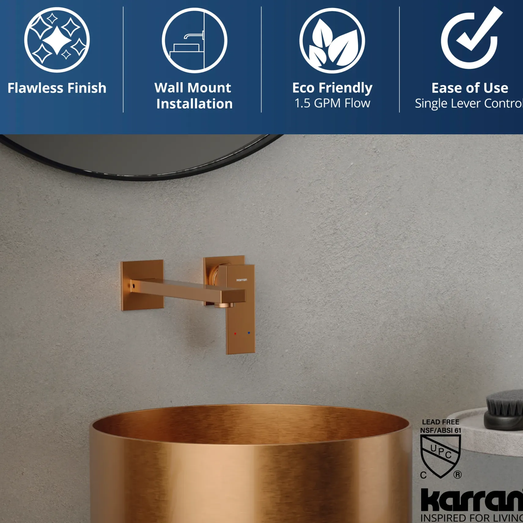 Karran Alberton 1.5 GPM Single Lever Handle Lead-free Brass ADA Bathroom Faucet, Wall Mounted, Brushed Copper, KBF620BC