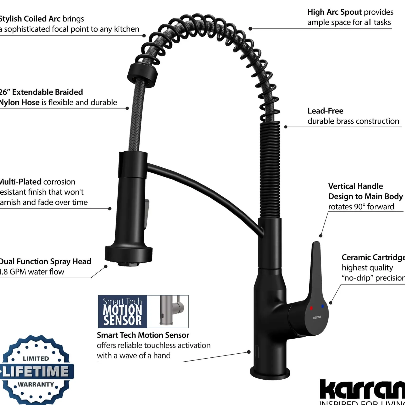 Karran Alston 1.8 GPM Single Lever Handle Lead-free Brass ADA Touchless Kitchen Faucet, Pull-Down, Matte Black, KKF215MB