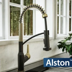 Karran Alston 1.8 GPM Single Lever Handle Lead-free Brass ADA Touchless Kitchen Faucet, Pull-Down, Matte Black & Brushed Gold, KKF215MBBG