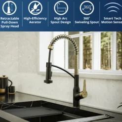 Karran Alston 1.8 GPM Single Lever Handle Lead-free Brass ADA Touchless Kitchen Faucet, Pull-Down, Matte Black & Brushed Gold, KKF215MBBG