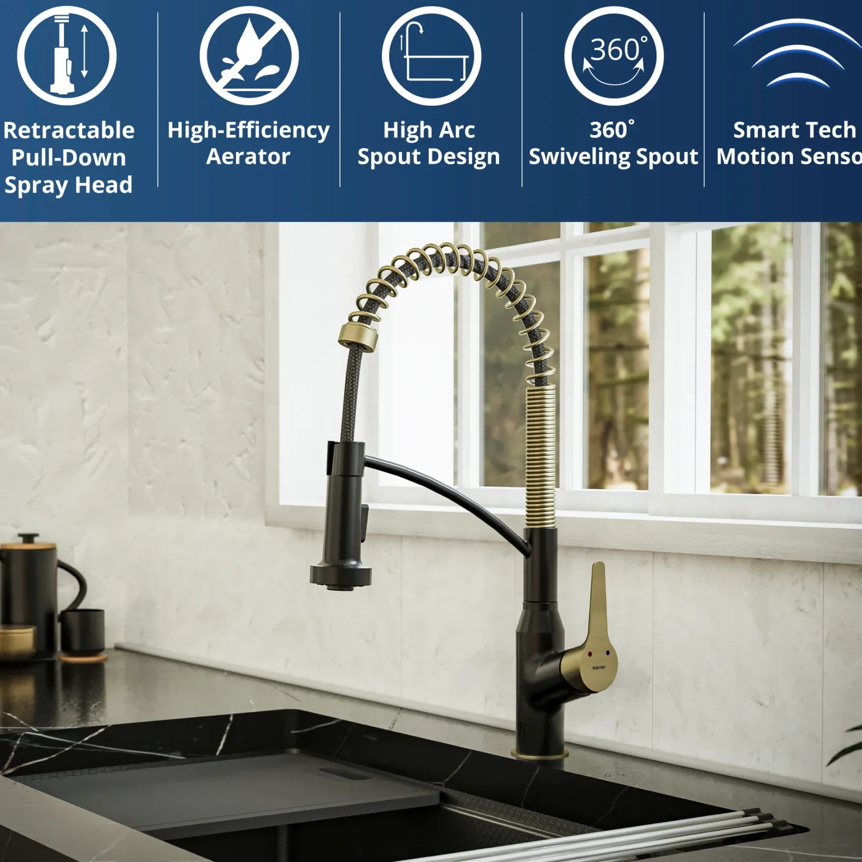 Karran Alston 1.8 GPM Single Lever Handle Lead-free Brass ADA Touchless Kitchen Faucet, Pull-Down, Matte Black & Brushed Gold, KKF215MBBG