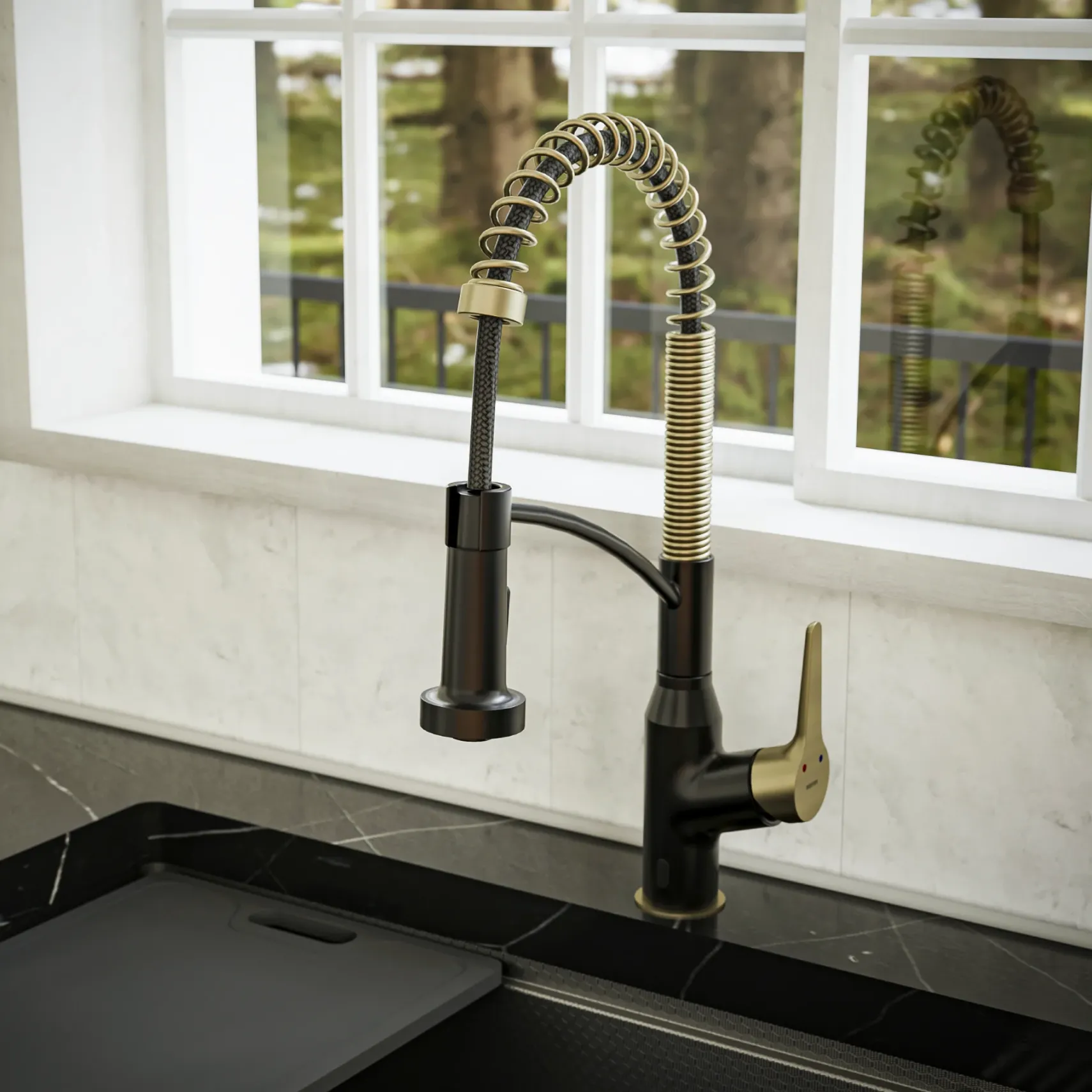 Karran Alston 1.8 GPM Single Lever Handle Lead-free Brass ADA Touchless Kitchen Faucet, Pull-Down, Matte Black & Brushed Gold, KKF215MBBG