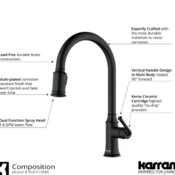 Karran Auburn 1.8 GPM Single Lever Handle Lead-free Brass ADA Kitchen Faucet, Pull-Down Kitchen, Matte Black, KKF310MB