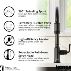 Karran Auburn 1.8 GPM Single Lever Handle Lead-free Brass ADA Kitchen Faucet, Pull-Down Kitchen, Matte Black, KKF310MB