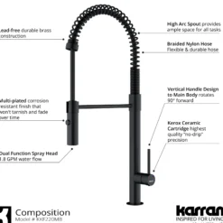 Karran Bluffton 1.8 GPM Single Lever Handle Lead-free Brass ADA Kitchen Faucet, Pull-Down Kitchen, Matte Black, KKF220SD35MB