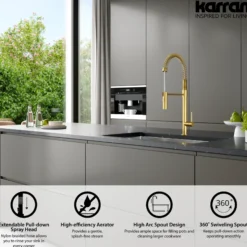 Karran Bluffton 1.8 GPM Single Lever Handle Lead-free Brass ADA Kitchen Faucet, Pull-Down Kitchen, Brushed Gold, KKF220BG