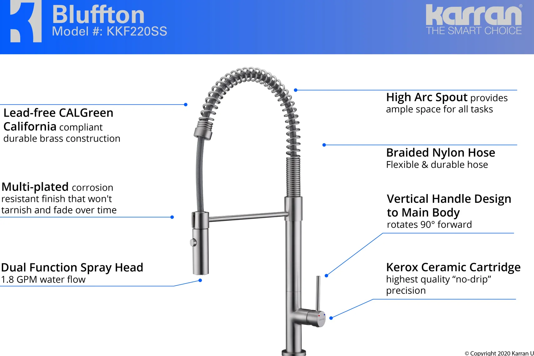 Karran Bluffton Single Lever Handle Lead-free Brass ADA Kitchen Faucet, Pull Down, Stainless Steel, KKF220SS