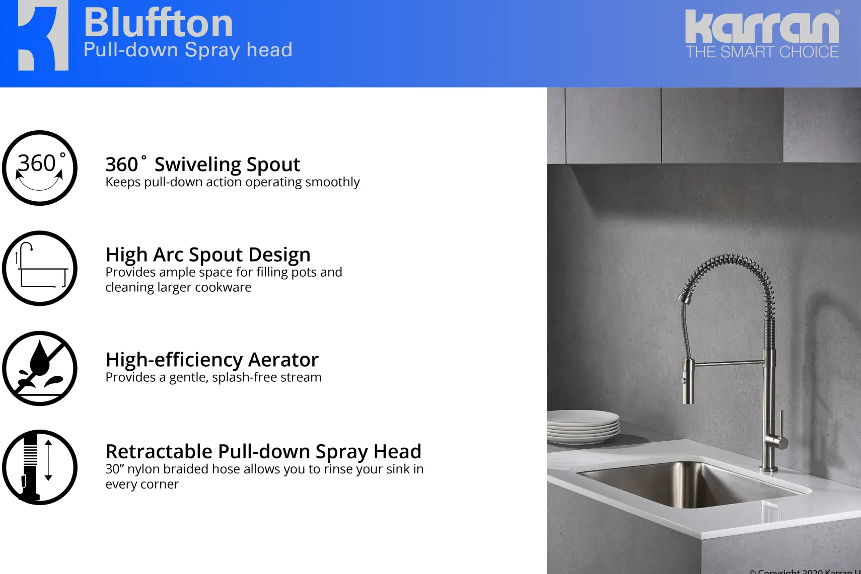 Karran Bluffton Single Lever Handle Lead-free Brass ADA Kitchen Faucet, Pull Down, Stainless Steel, KKF220SS