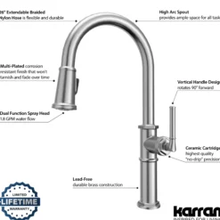 Karran Brampton 1.8 GPM Single Lever Handle Lead-free Brass ADA Kitchen Faucet, Pull-Down, Stainless Steel, KKF365SS