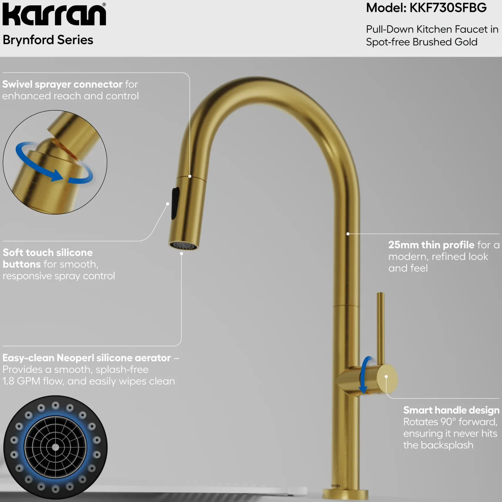 Karran Brynford 1.8 GPM Single Lever Lead-free Brass ADA Kitchen Faucet, Pull-Down, Spot-Free Brushed Gold, KKF730SFBG
