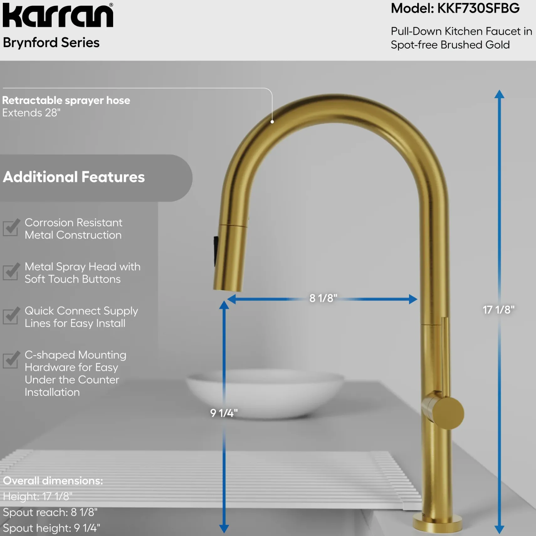 Karran Brynford 1.8 GPM Single Lever Lead-free Brass ADA Kitchen Faucet, Pull-Down, Spot-Free Brushed Gold, KKF730SFBG