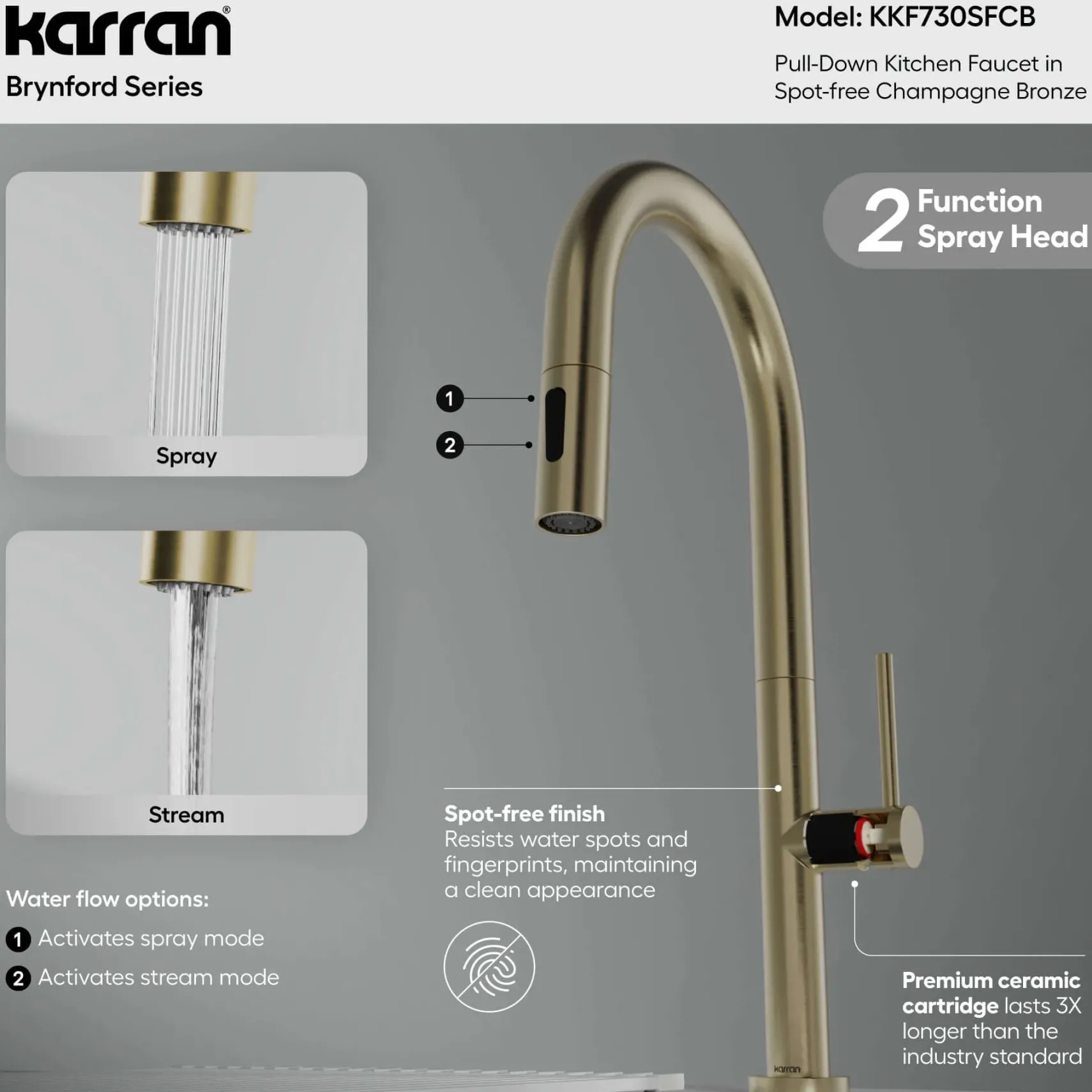 Karran Brynford 1.8 GPM Single Lever Lead-free Brass ADA Kitchen Faucet, Pull-Down, Spot-Free Champagne Bronze, KKF730SFCB