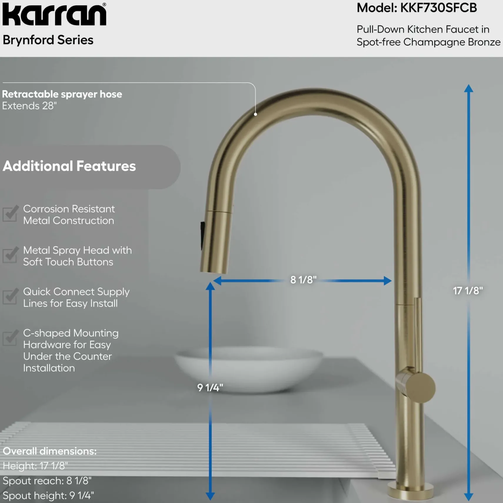 Karran Brynford 1.8 GPM Single Lever Lead-free Brass ADA Kitchen Faucet, Pull-Down, Spot-Free Champagne Bronze, KKF730SFCB