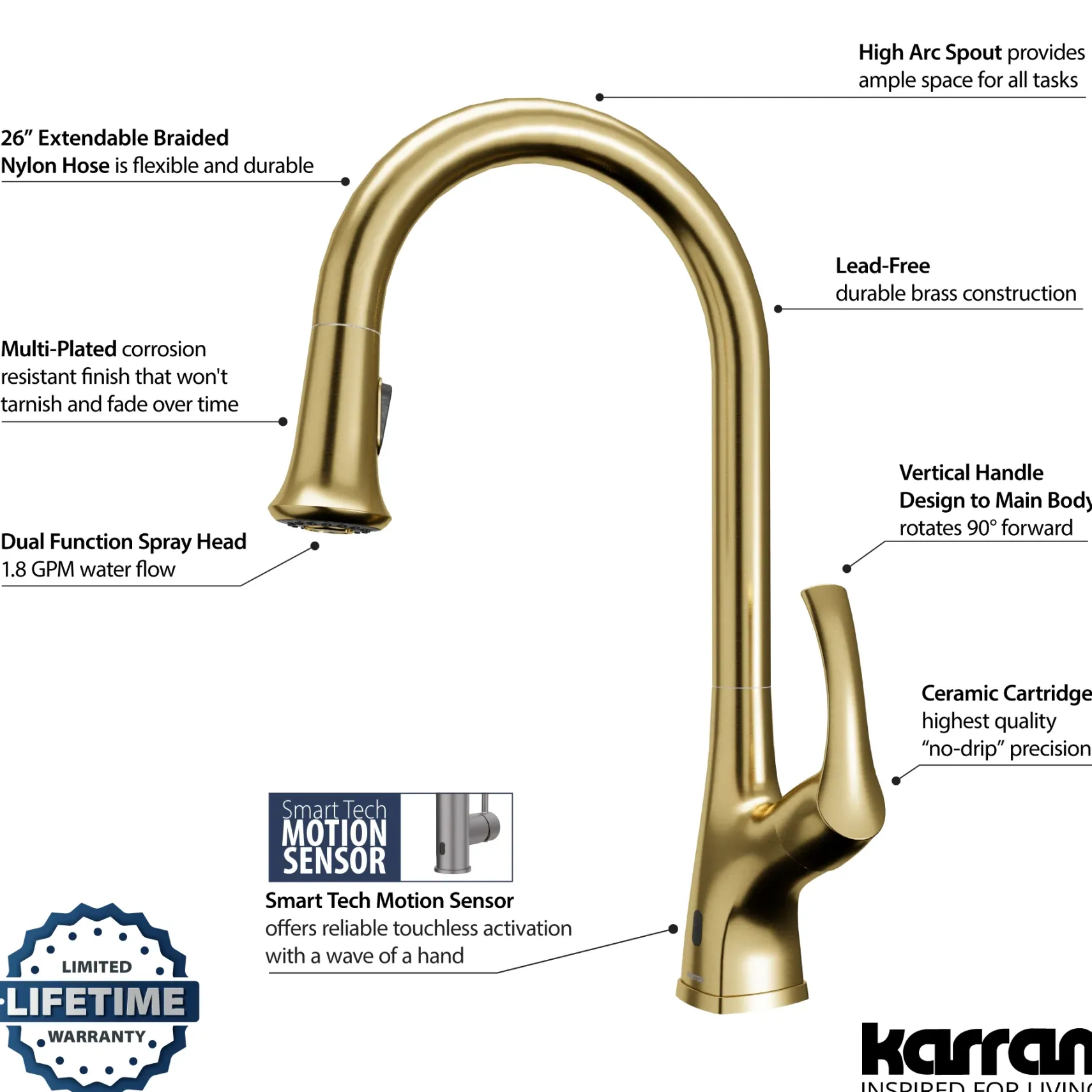Karran Chantilly 1.8 GPM Single Lever Handle Lead-free Brass ADA Touchless Kitchen Faucet, Pull-Down, Brushed Gold, KKF375BG