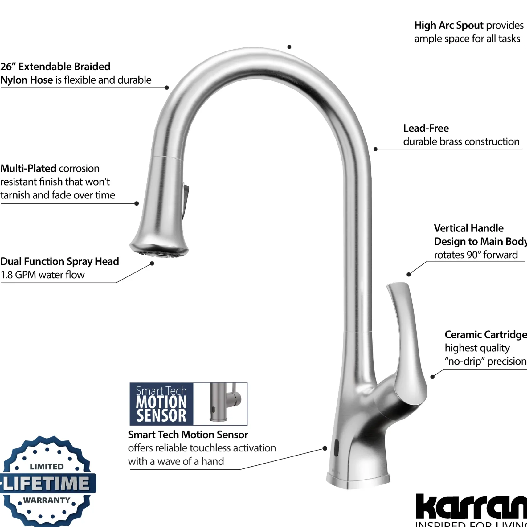 Karran Chantilly 1.8 GPM Single Lever Handle Lead-free Brass ADA Touchless Kitchen Faucet, Pull-Down, Stainless Steel, KKF375SS