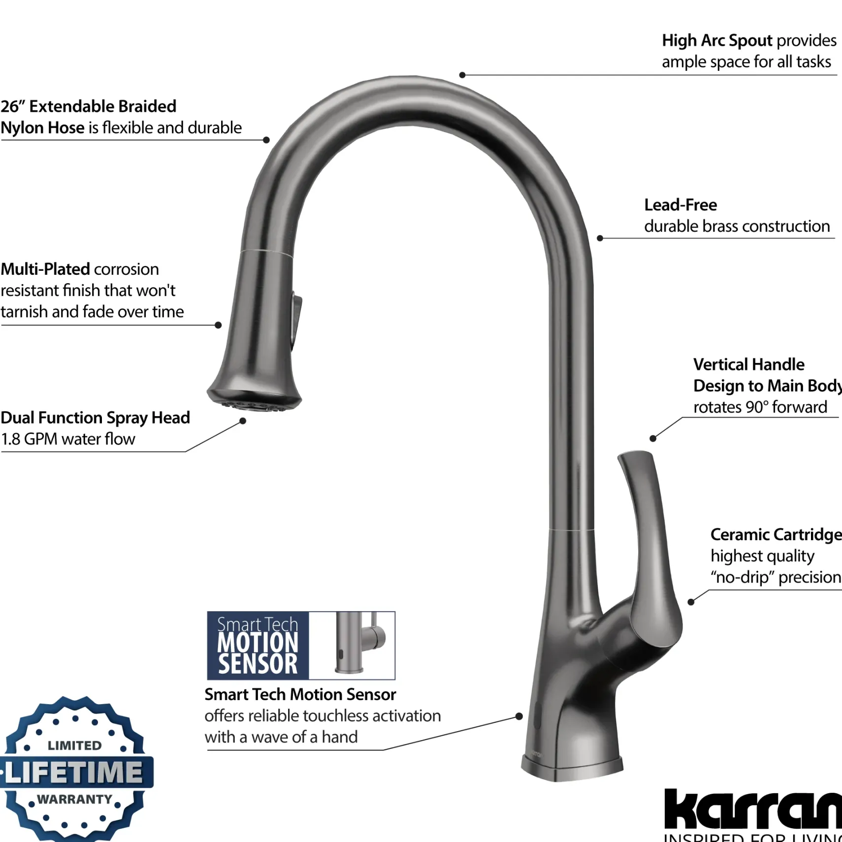 Karran Chantilly 1.8 GPM Single Lever Handle Lead-free Brass ADA Touchless Kitchen Faucet, Pull-Down, Gunmetal Grey, KKF375GG