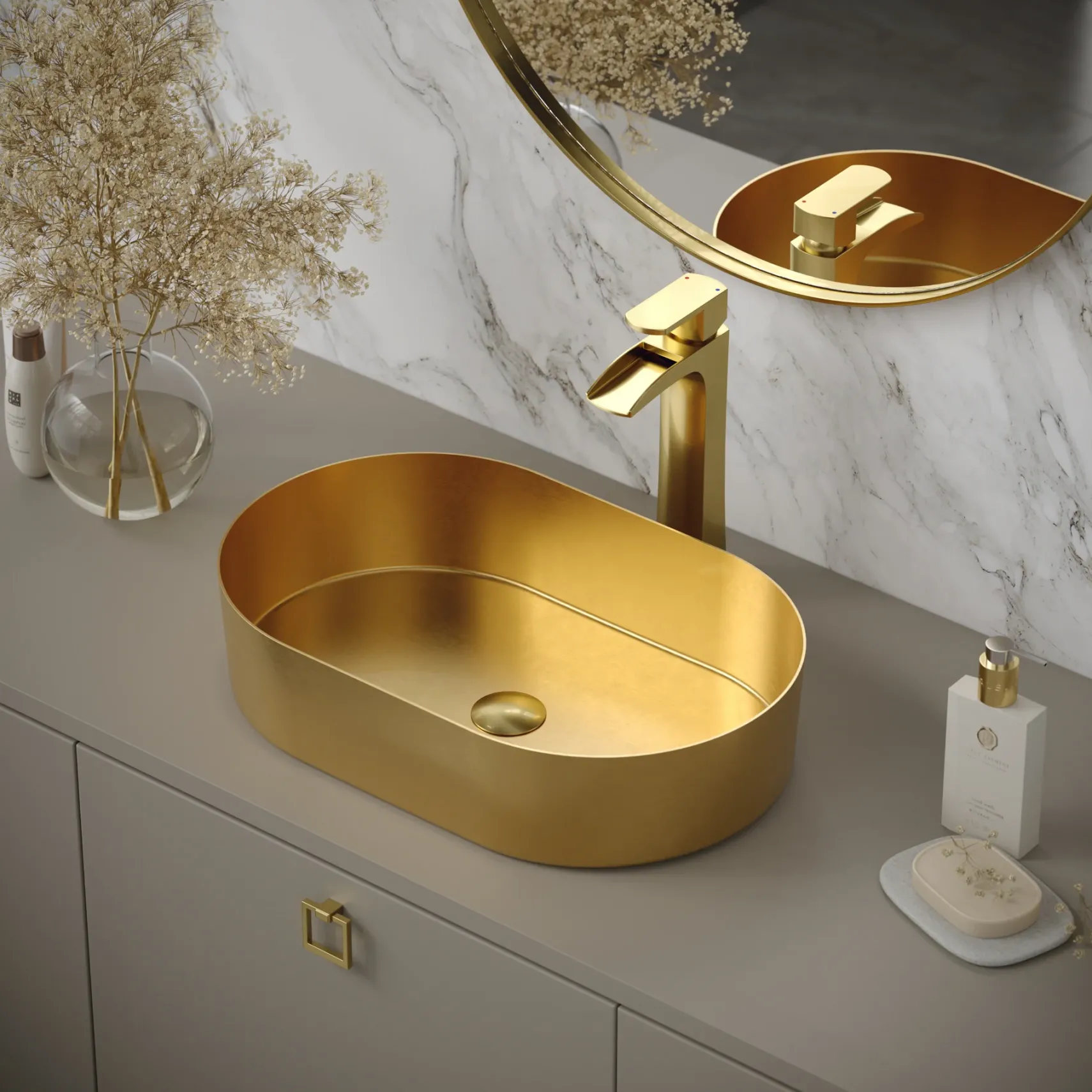 Karran Cinox 13.75" x 21.625" Oval Vessel Stainless Steel Bathroom Sink, Gold, 16 Gauge, CCV400G