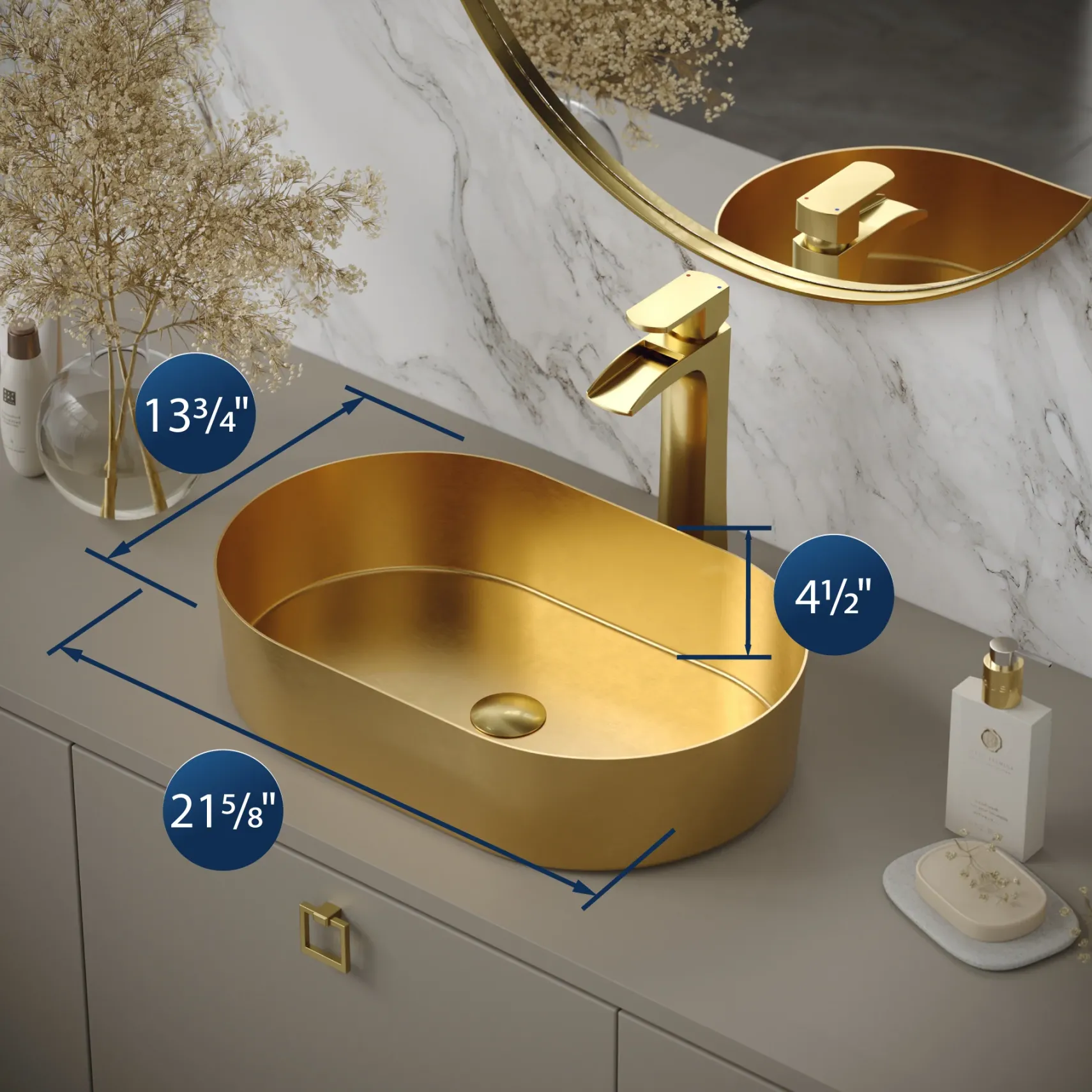 Karran Cinox 13.75" x 21.625" Oval Vessel Stainless Steel Bathroom Sink, Gold, 16 Gauge, CCV400G