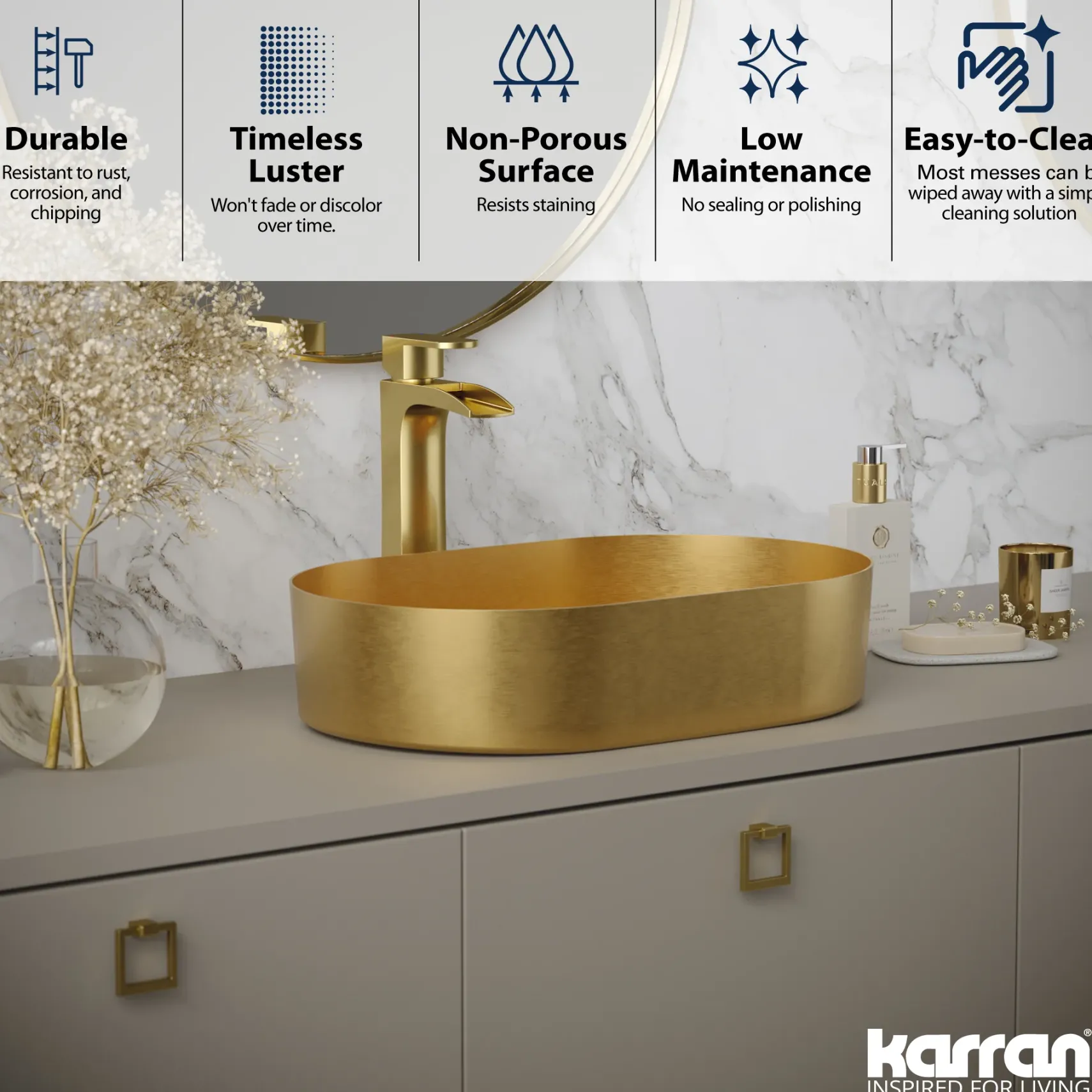 Karran Cinox 13.75" x 21.625" Oval Vessel Stainless Steel Bathroom Sink, Gold, 16 Gauge, CCV400G