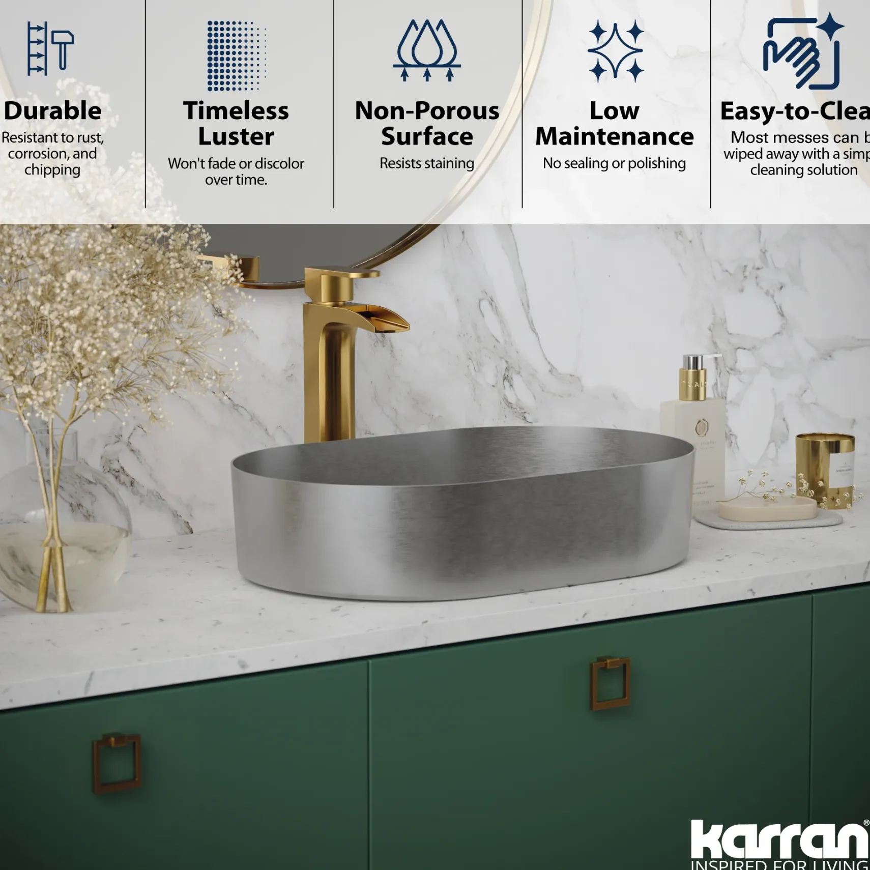 Karran Cinox 13.75" x 21.625" Oval Vessel Stainless Steel Bathroom Sink, 16 Gauge, CCV400SS