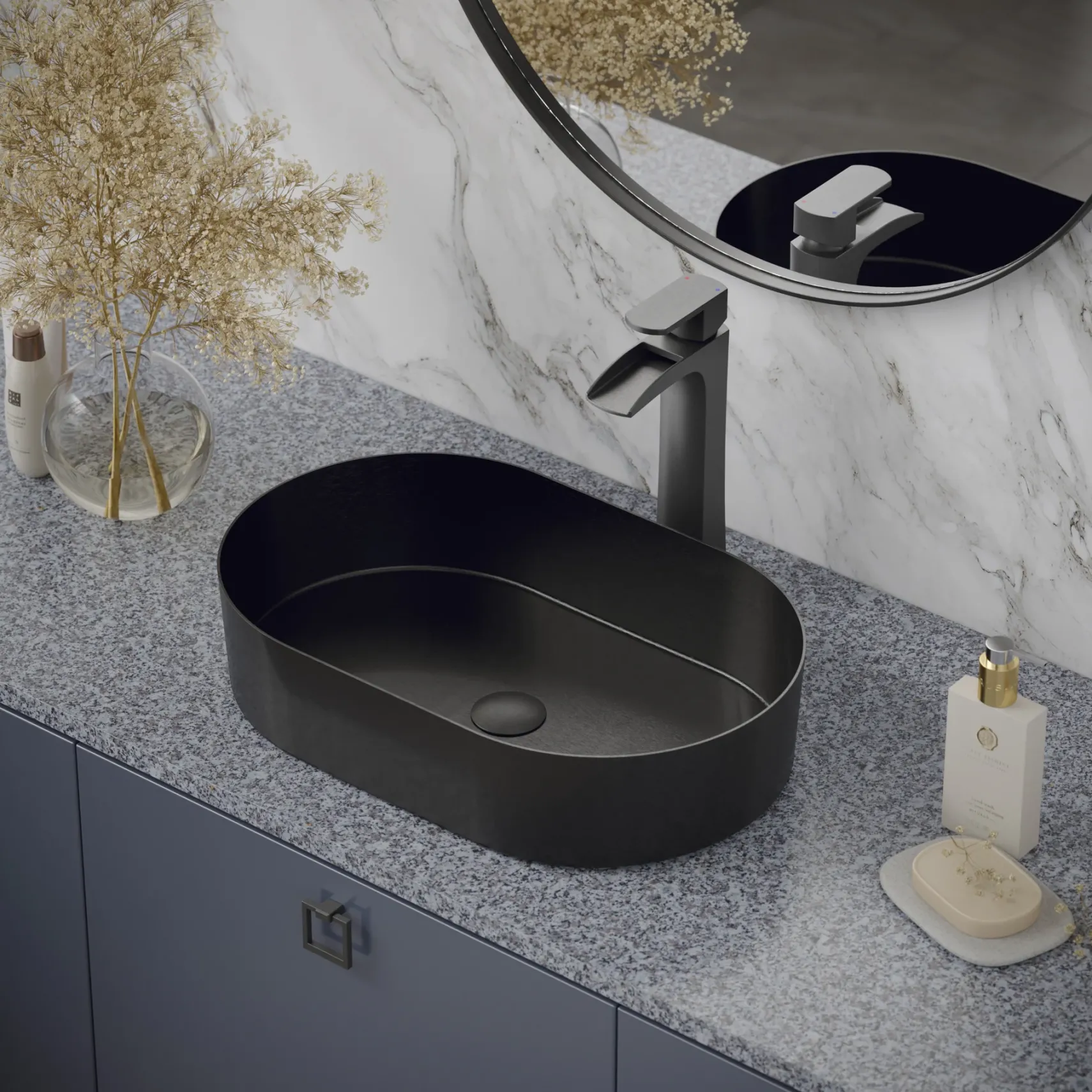 Karran Cinox 13.75" x 21.625" Oval Vessel Stainless Steel Bathroom Sink, Gunmetal Grey, 16 Gauge, CCV400GG