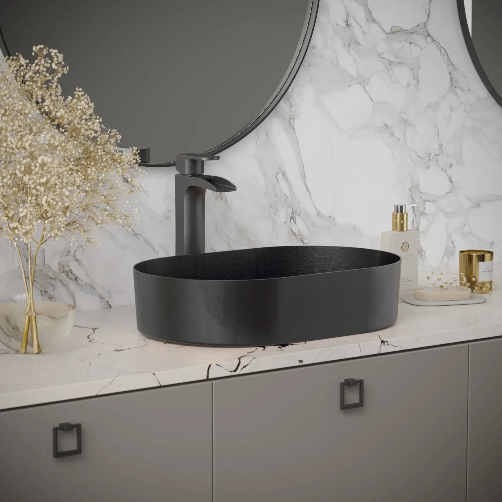 Karran Cinox 13.75" x 21.625" Oval Vessel Stainless Steel Bathroom Sink, Gunmetal Grey, 16 Gauge, CCV400GG