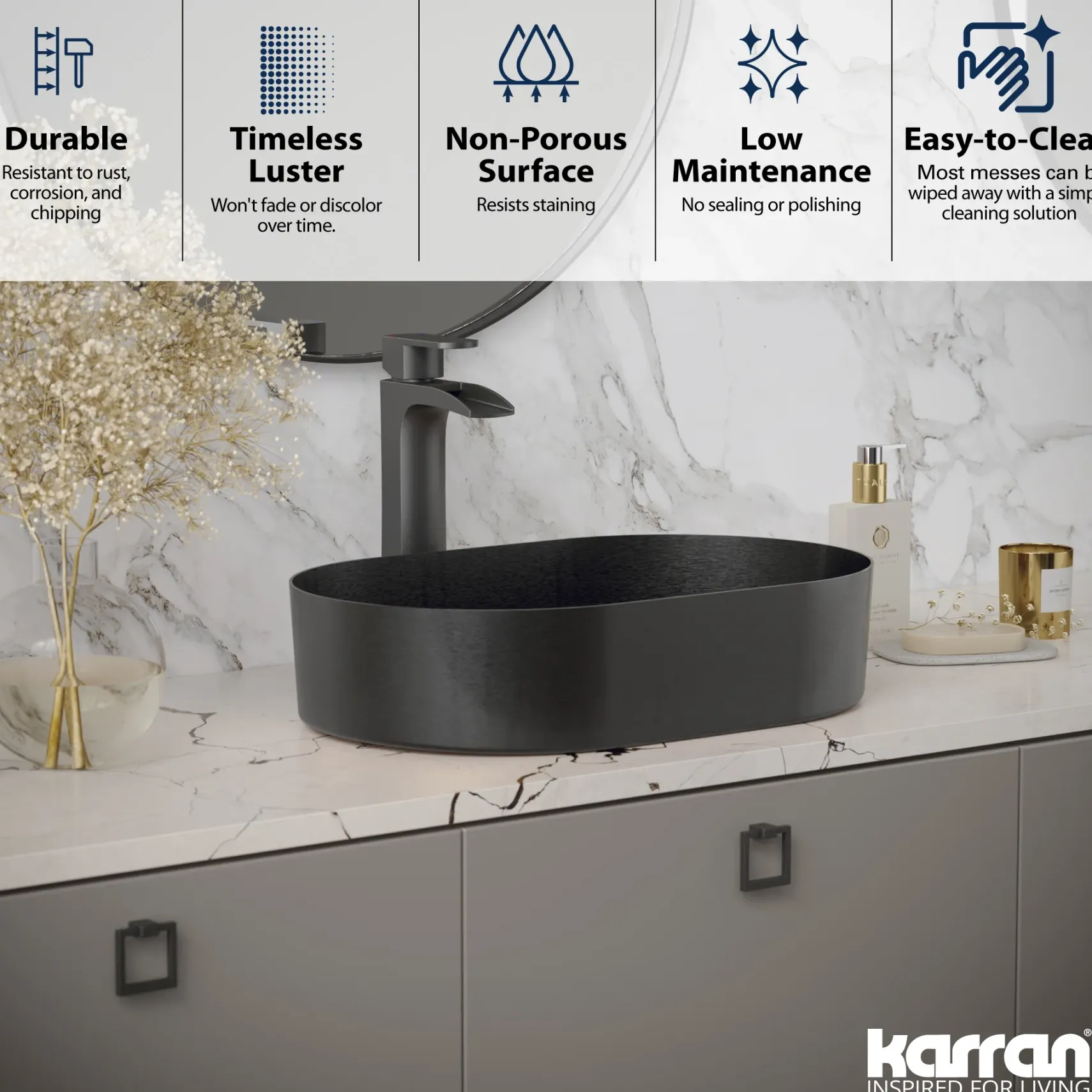 Karran Cinox 13.75" x 21.625" Oval Vessel Stainless Steel Bathroom Sink, Gunmetal Grey, 16 Gauge, CCV400GG