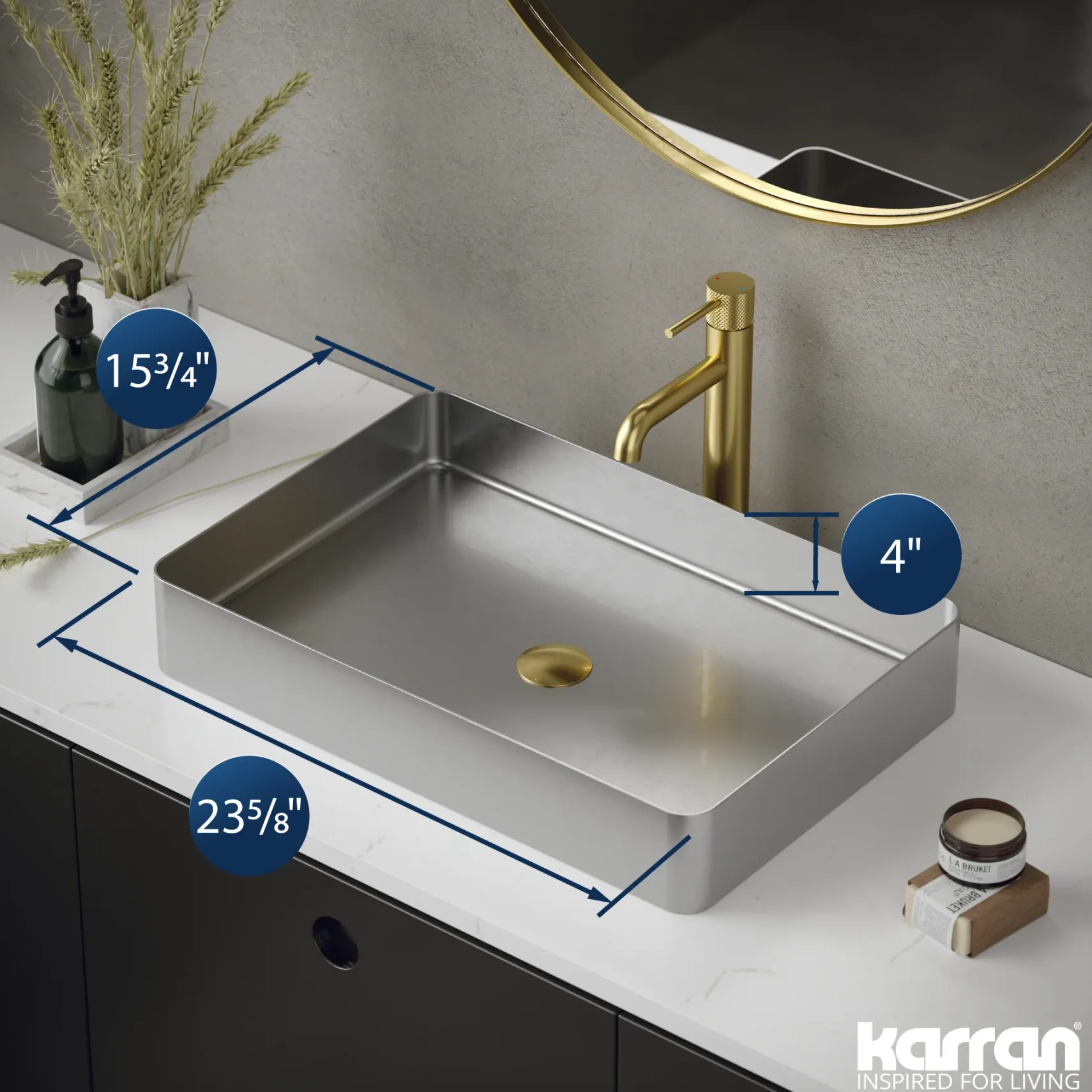 Karran Cinox 15.75" x 23.625" Rectangular Vessel Stainless Steel Bathroom Sink, 16 Gauge, CCV600SS