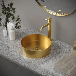 Karran Cinox 14.25" x 14.25" Round Vessel Stainless Steel Bathroom Sink, Gold, 16 Gauge, CCV200G