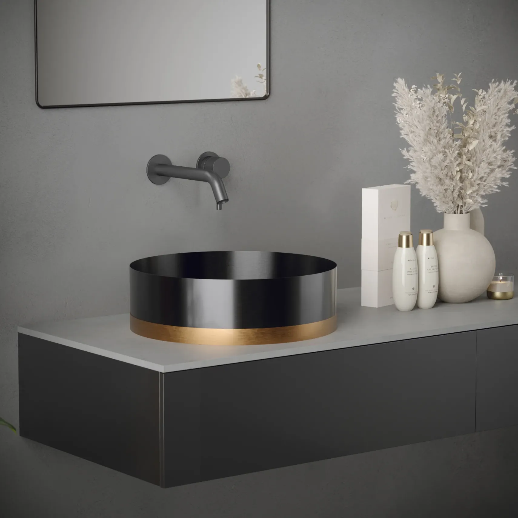 Karran Cinox 15.75" x 15.75" Round Vessel Stainless Steel Bathroom Sink, Gunmetal Grey and Brushed Copper, 16 Gauge, CCV350BC
