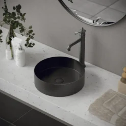 Karran Cinox 15" x 15" Round Vessel Stainless Steel Bathroom Sink, Gunmetal Grey, 16 Gauge, CCV100GG