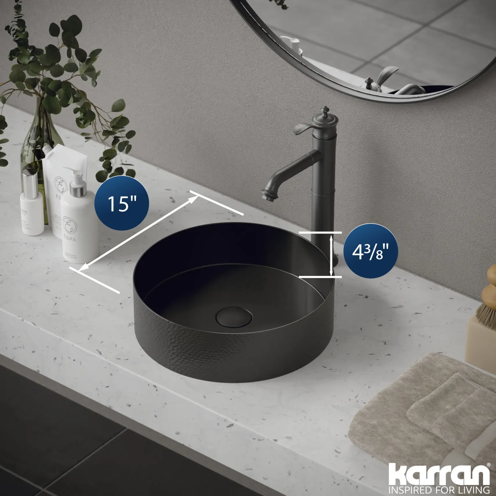 Karran Cinox 15" x 15" Round Vessel Stainless Steel Bathroom Sink, Gunmetal Grey, 16 Gauge, CCV100GG