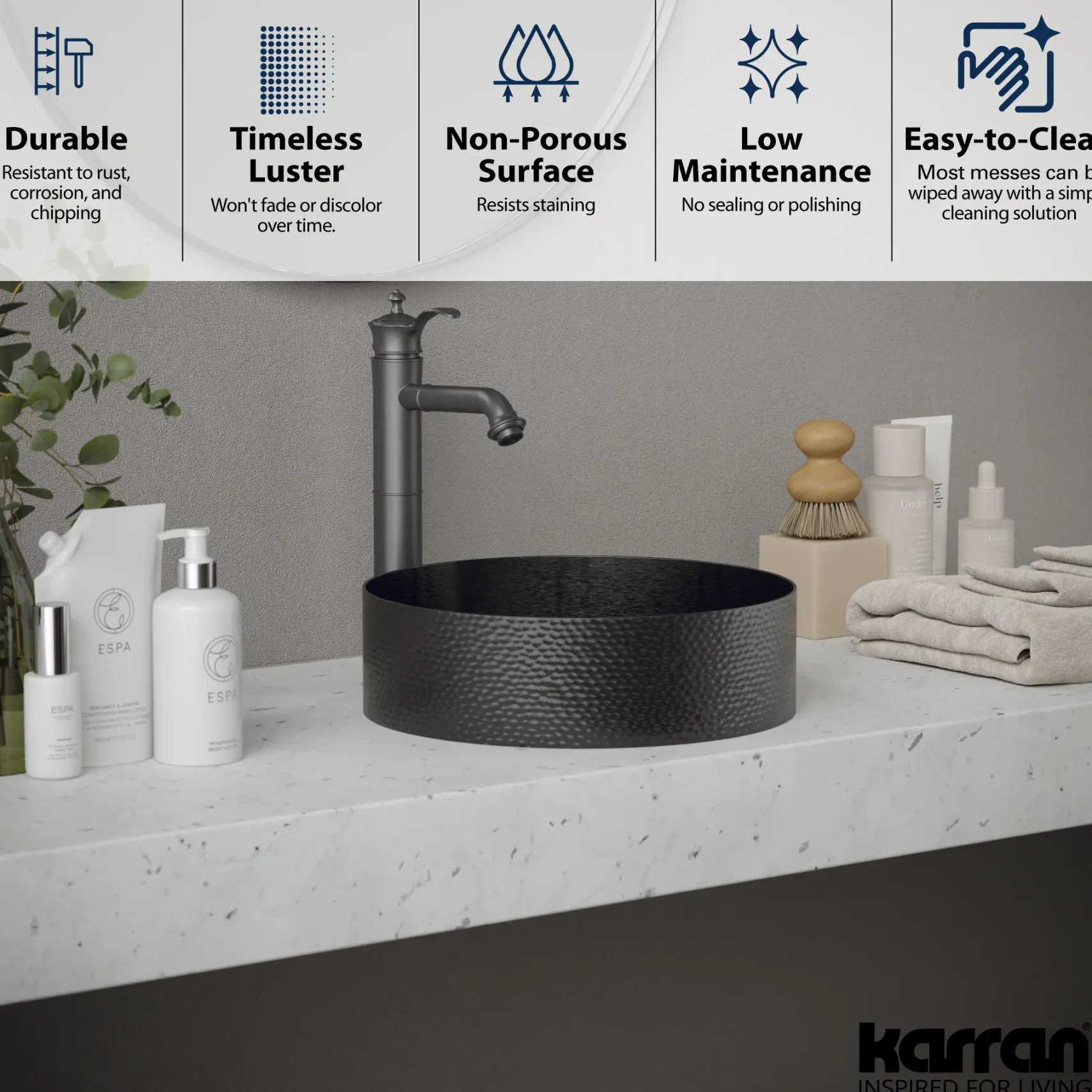 Karran Cinox 15" x 15" Round Vessel Stainless Steel Bathroom Sink, Gunmetal Grey, 16 Gauge, CCV100GG